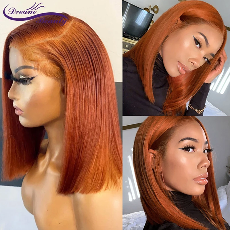 Orange Ginger Color 4x4 Lace Closure Peruvian Remy Human Hair Wigs Short BoB Wig For Women 13X1 T Part Lace Wig 180% Preplucked