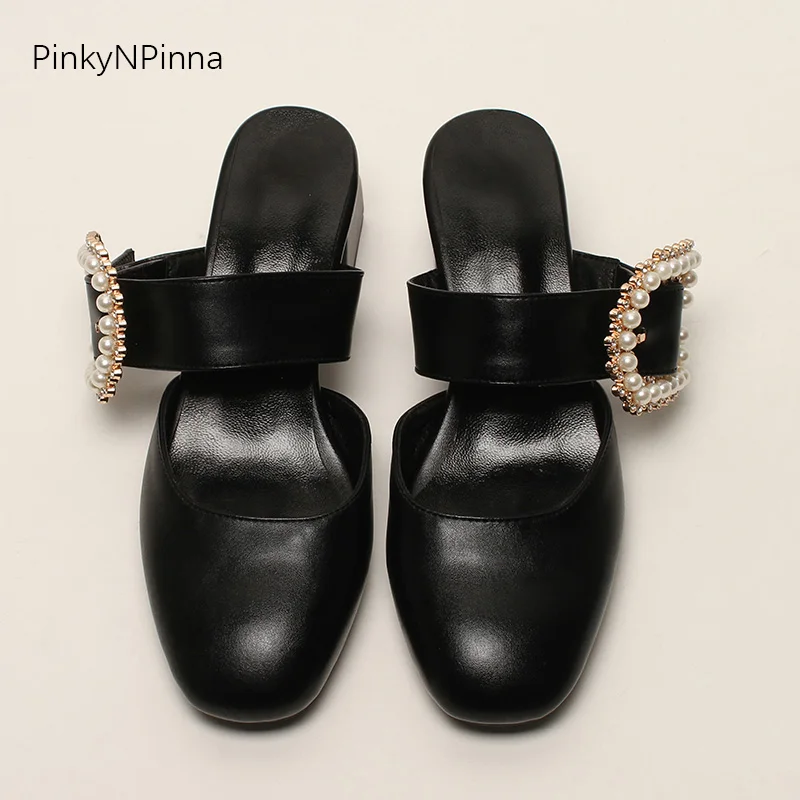 

summer women chunky heels cover toe Mary Jane pumps pearls buckle young ladies office party casual slip on mules plus size shoes
