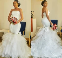 african wedding dresess mermaid style strapless ruffles tulle skirt crystal big bow back white bridal gowns plus size marriage