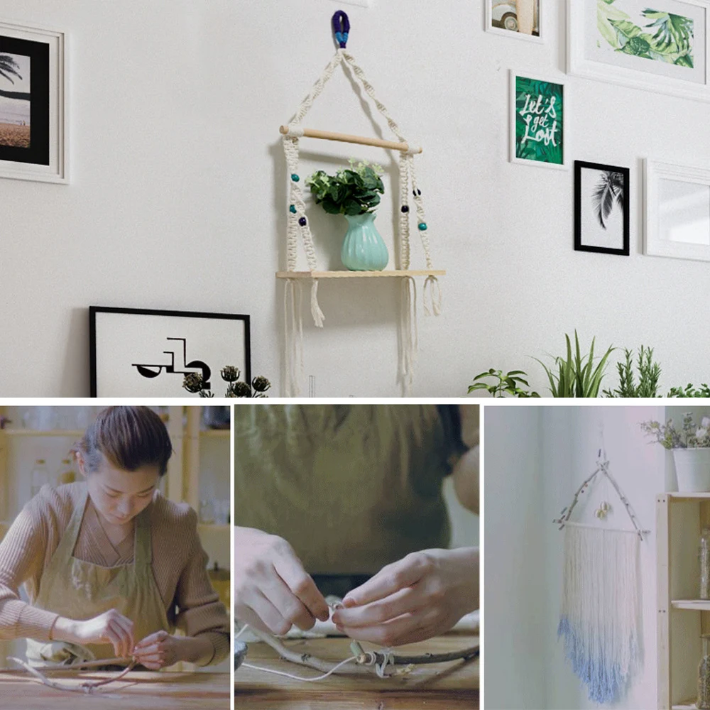 

Creative Bohemian Macrame Tapestry Rack Hand-woven Wall Hanging Flower Storage Wooden Shelf