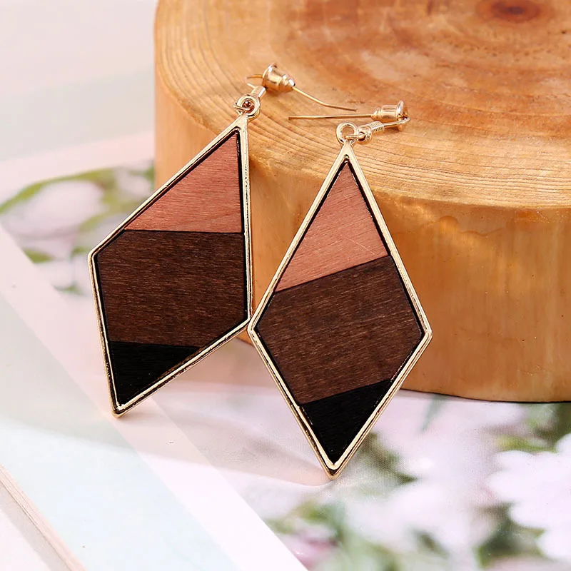 Деревянные висячие серьги для женщин Бохо круглые квадратные геометрические
