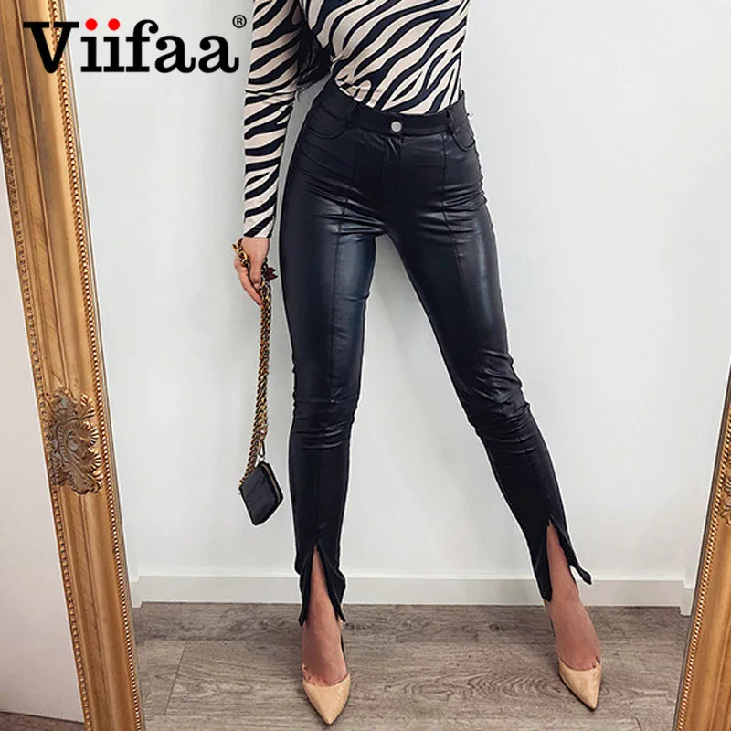 

Черные обтягивающие брюки viнастроа из искусственной кожи на молнии с разрезом на подоле, женские осенне-зимние обтягивающие уличные брюки ...