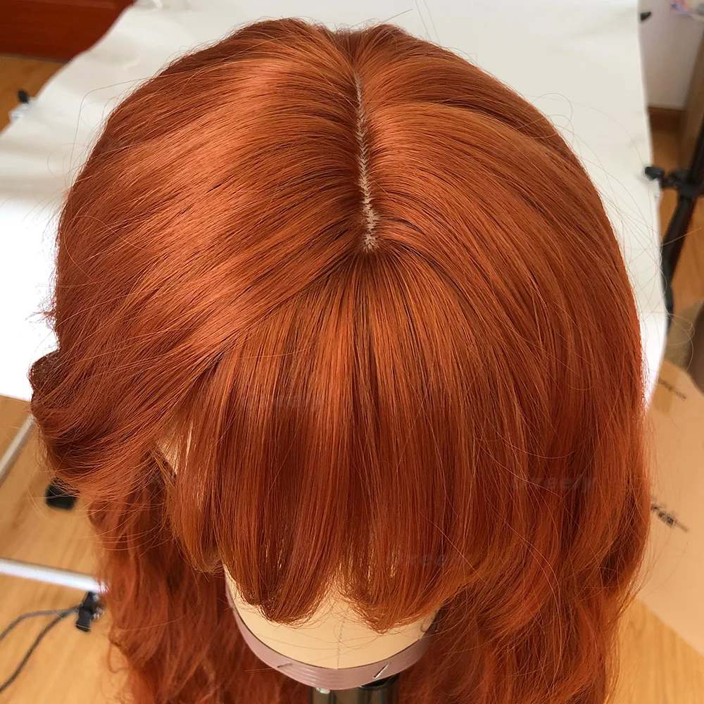 

Preplucked Loose Wave Bangs 2021 Summer hot Ginger Orange Color Remy Human Hair Transparent 13x4 Lace Front Wig With Baby Hair