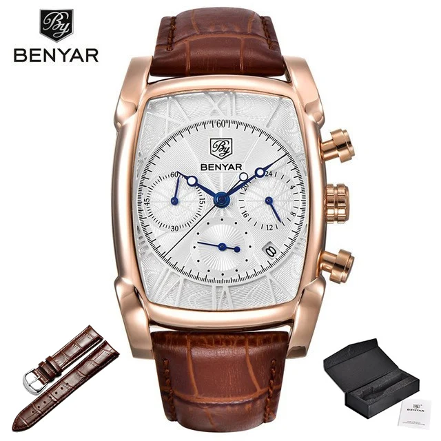 Gold white Топ люксовый бренд мужские s часы BENYAR кварцевые Бизнес наручные часы мужские модные спортивные водонепроницаемые хронограф Relogio Masculino - Цвет: Gold white