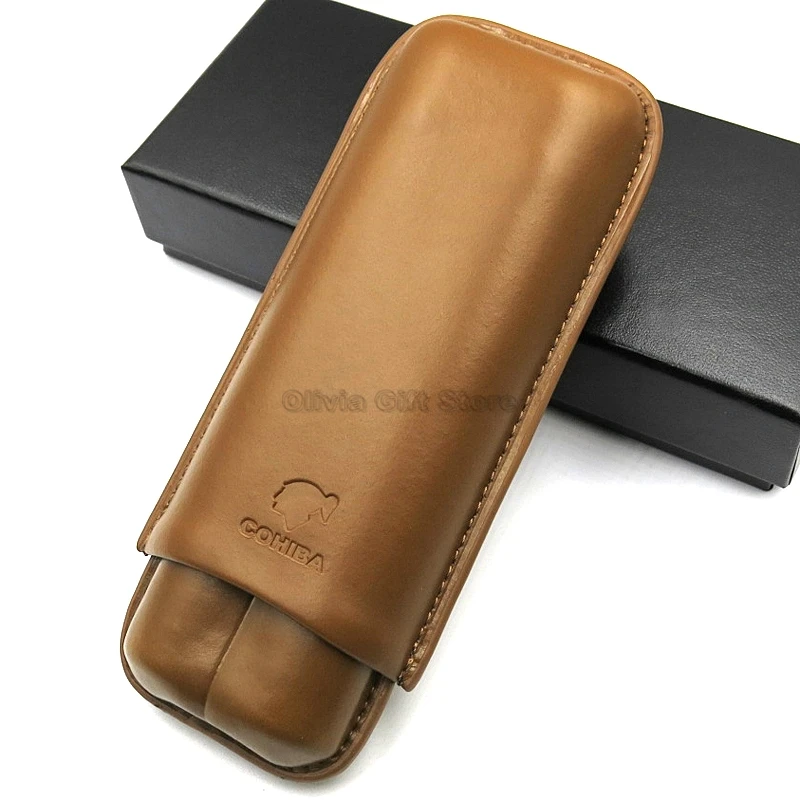 COHIBA Коричневый подлинный кожаный портсигар Дорожный Чехол портативный 2 пальца Humidor Открытый сигары набор в подарочной коробке курительный инструмент
