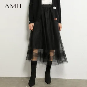 AMII минимализм Осенняя Женская юбка модная однотонная свободная кружевная алиновая Женская юбка с эластичным поясом Женская юбка 12040459