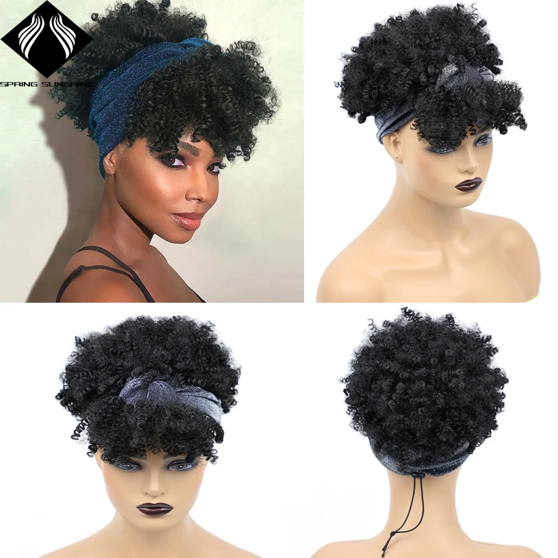 

Synthetic Headband Wigs for Black Women Short Afro Puff Kinky Curly Wrap Wig High Temperature Turban Afro Curly Hair Wig