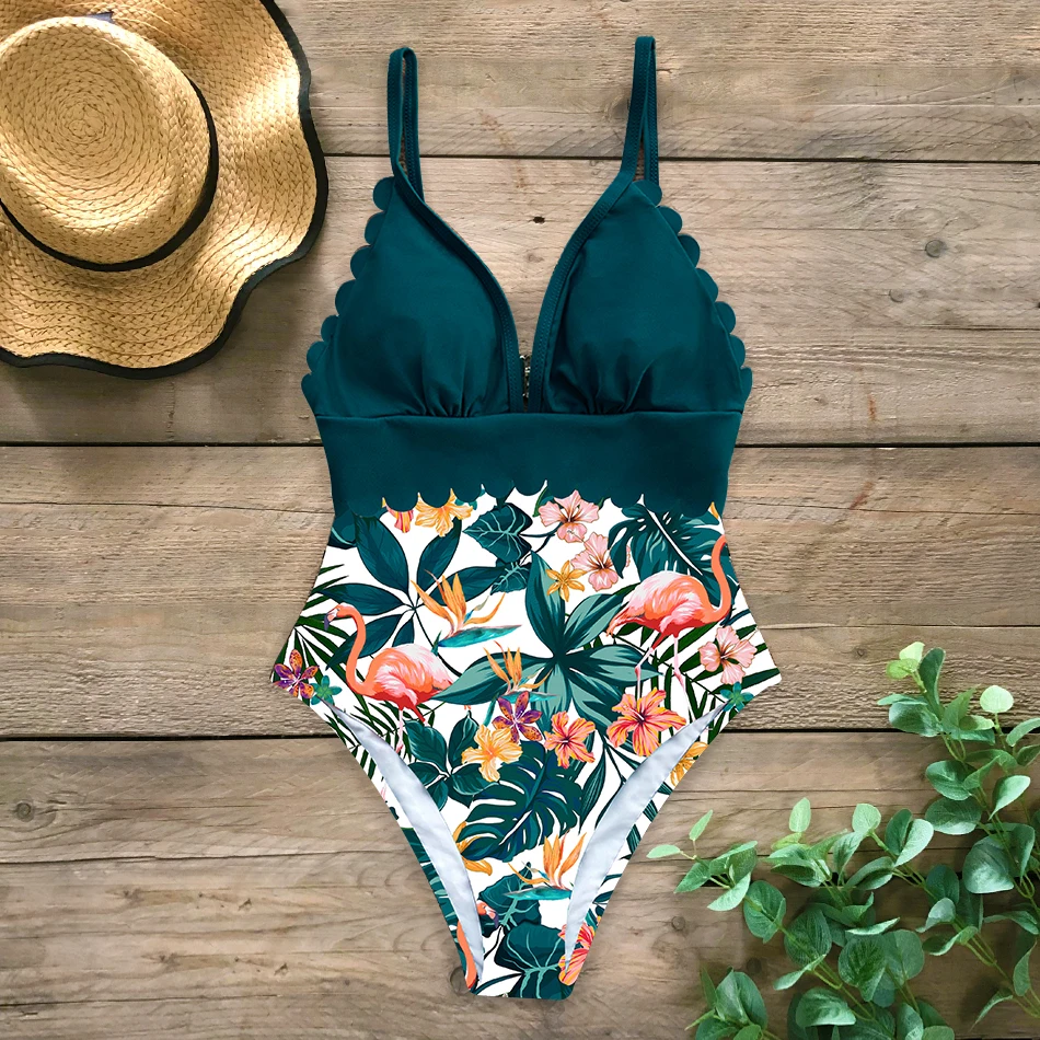 

Sexy Off The Shoulder Ruffle One Piece Swimsuit 2021 New Print Swimwear Women Swimsuit Deep-V Bathing Suits Beach Wear Swim Suit