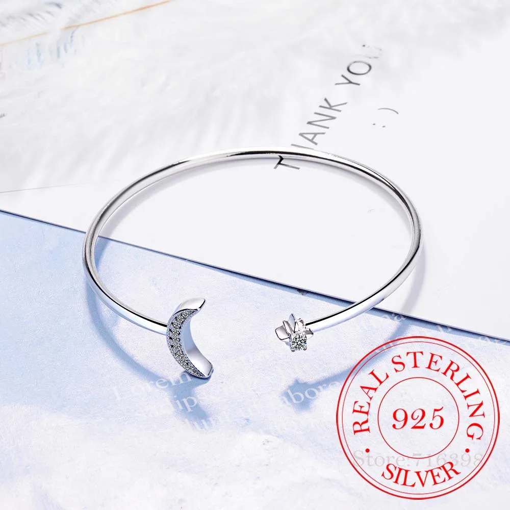 

S925 Sterling Silver Stars Moon Bracelet Female Diamonds Moon Curved Open Bangles Bracelet Female