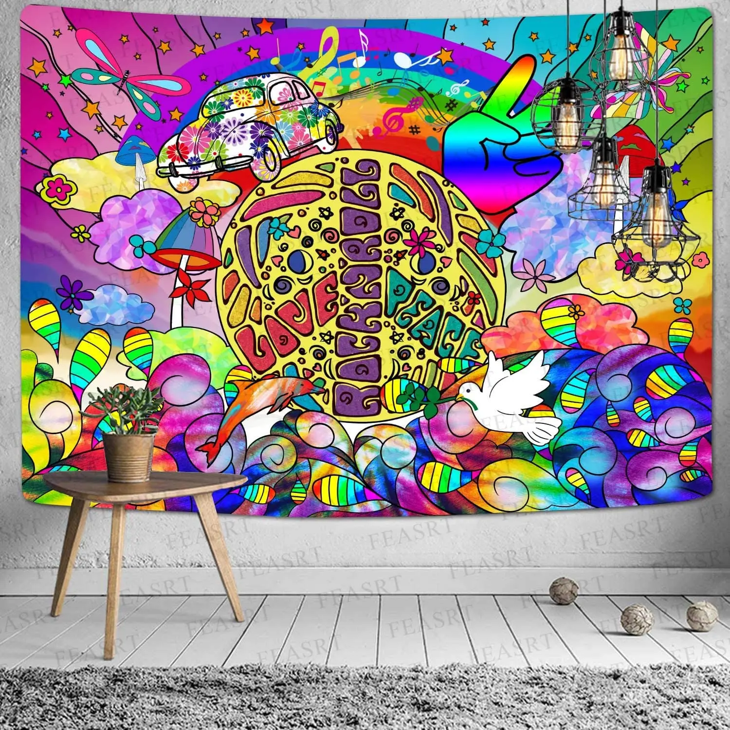 

Old Style Hippie Art Groovy Tapestry Peace And Love Symbol Rainbow Wall Blanket Abstract Colorful Wall Hanging For Room