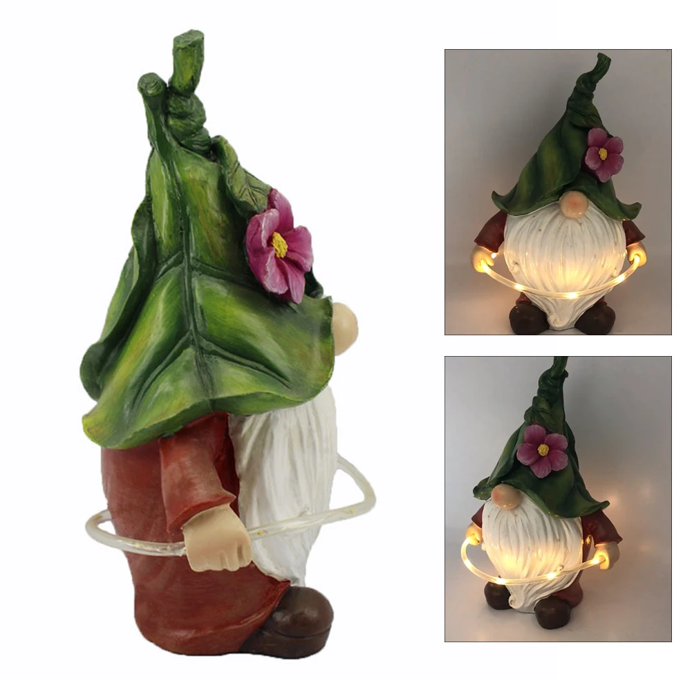 

Outdoor Patio Solar Power Resin Garden Gnome Statue With LED Lights Figurine Winter Decoration Gift Porch Lawn Playing Hoop Yard