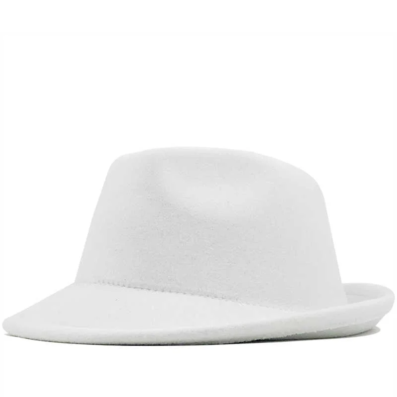 

white Wool Simple felt Hat Cowboy Jazz Cap Trend Trilby Fedoras hat Panama cap chapeau band for Men Women 56-58CM