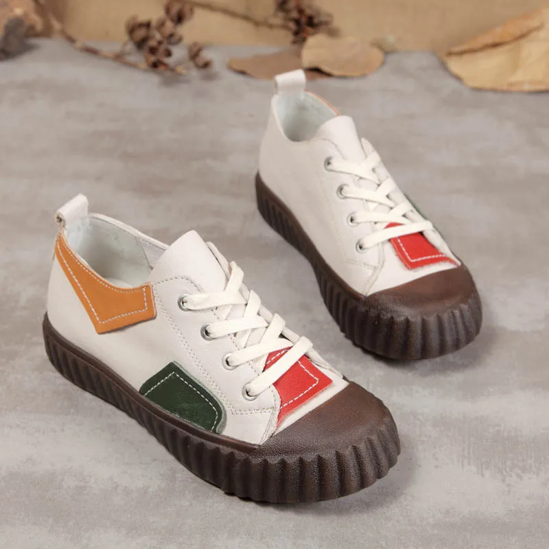 

2021 Spring Sports Flat Shoes Woman Lace Up Genuine Leather Flats Female Reteo Chunky Footwear Mixed Colors Fashion Sneakers