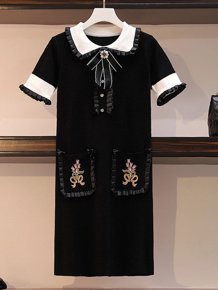 Trytree Autumn Winter Women Dress Casual Peter pan Collar Bow Embroidery Pocket Shirt Dresses Knitting Black Straight Mini Dress