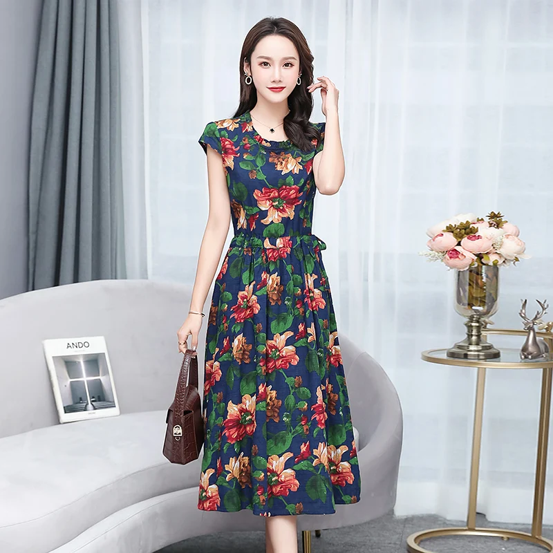 Women Long Slim Floral Print Dress XL- 6XL Middle-aged Ladies Short Sleeve Elegant Mother Cotton Female Vestidos Clothes | Женская