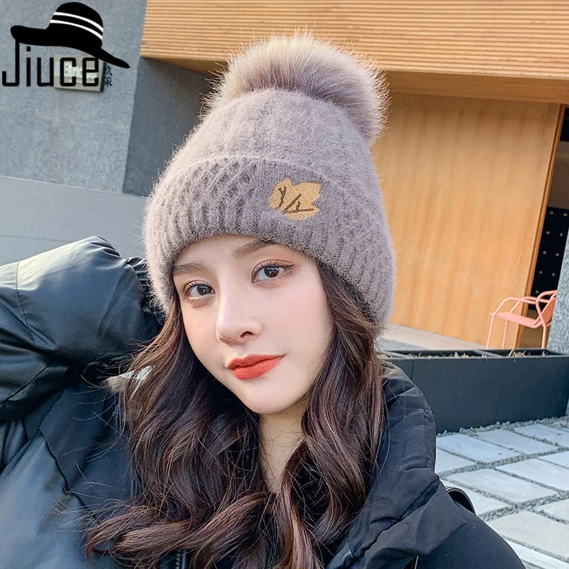 

Double Layer Plus Velvet Knitted Hat Female Autumn and Winter Models Fur Ball Rabbit Fur Wool Hat Ear Protection Casual Warm Hat