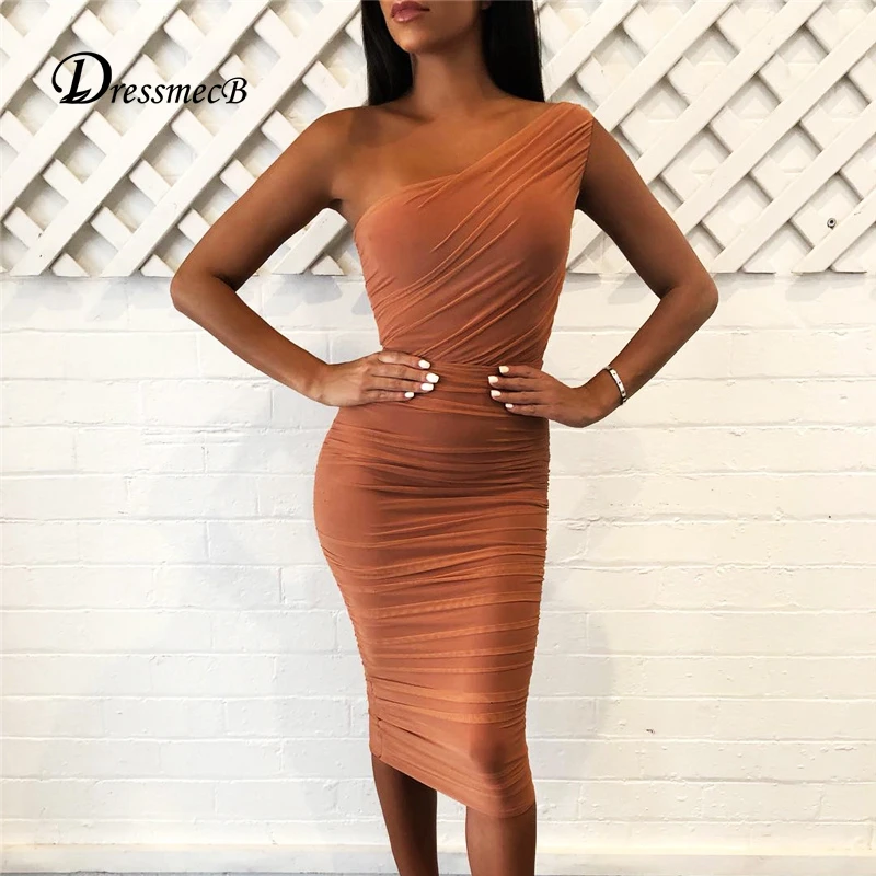 Dressmecb вечерние нее платье с рюшами женское оранжевое облегающее на одно плечо