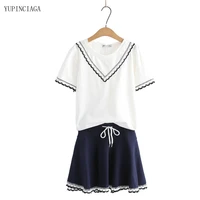 new 2021 summer 2 pieces sets sweet style girl lace stitching white cotton t shirt skirt for women set 2116415