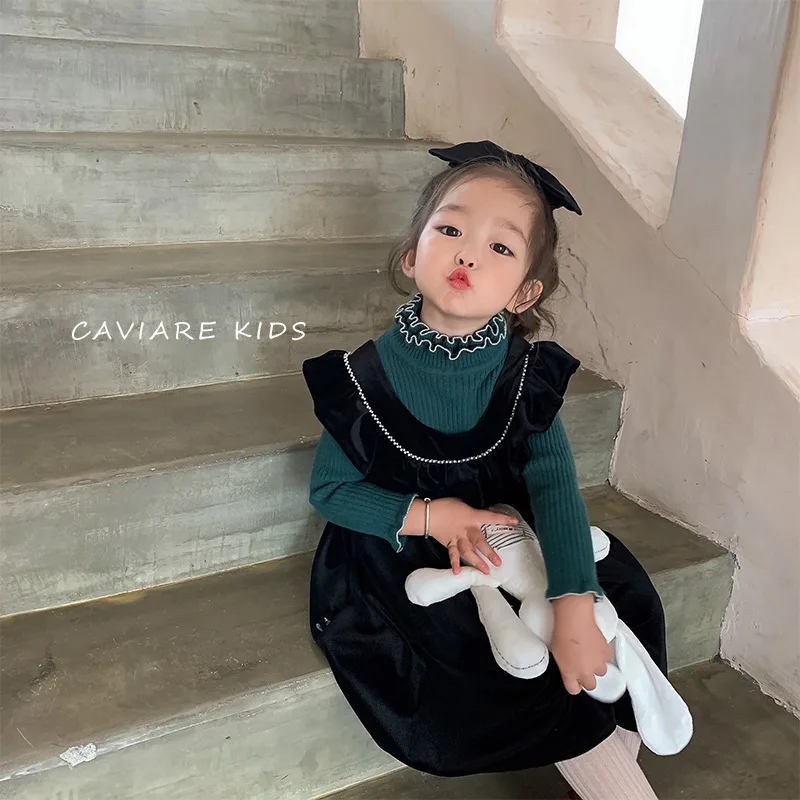 

Children's Autumn Winter Clothes Korean Girls Black Solid Color Plus Velvet Vest Dress
