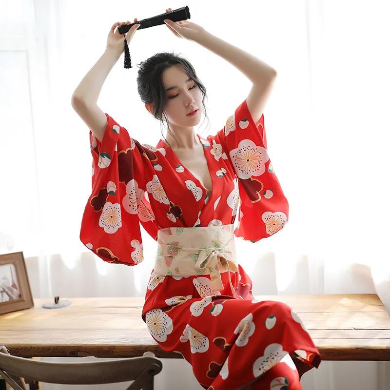 

Adult Long Kimono Costume Robe Sexy Floral Deep V-Neck Satin Nightwear Bathrobe Japanese Bathrobe Sleepwear Beach Dress Outfit