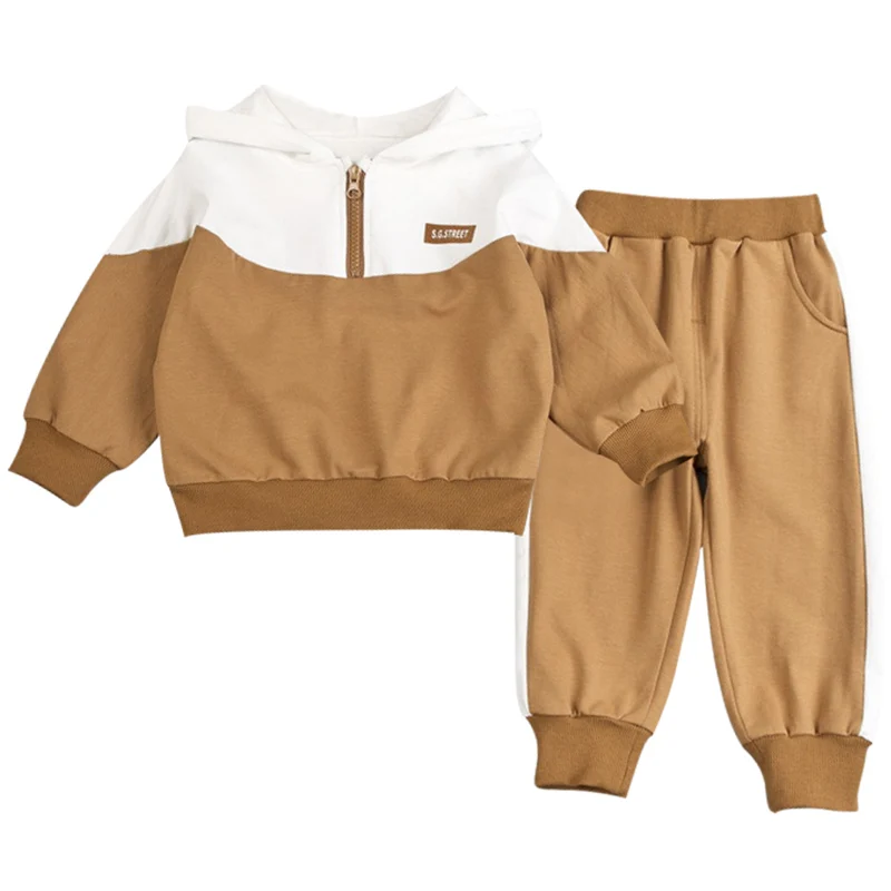 New spring and autumn children's suits clothing boys girls baby stitching color hooded long-sleeve Sweatshirt + trousers two-piece suit |