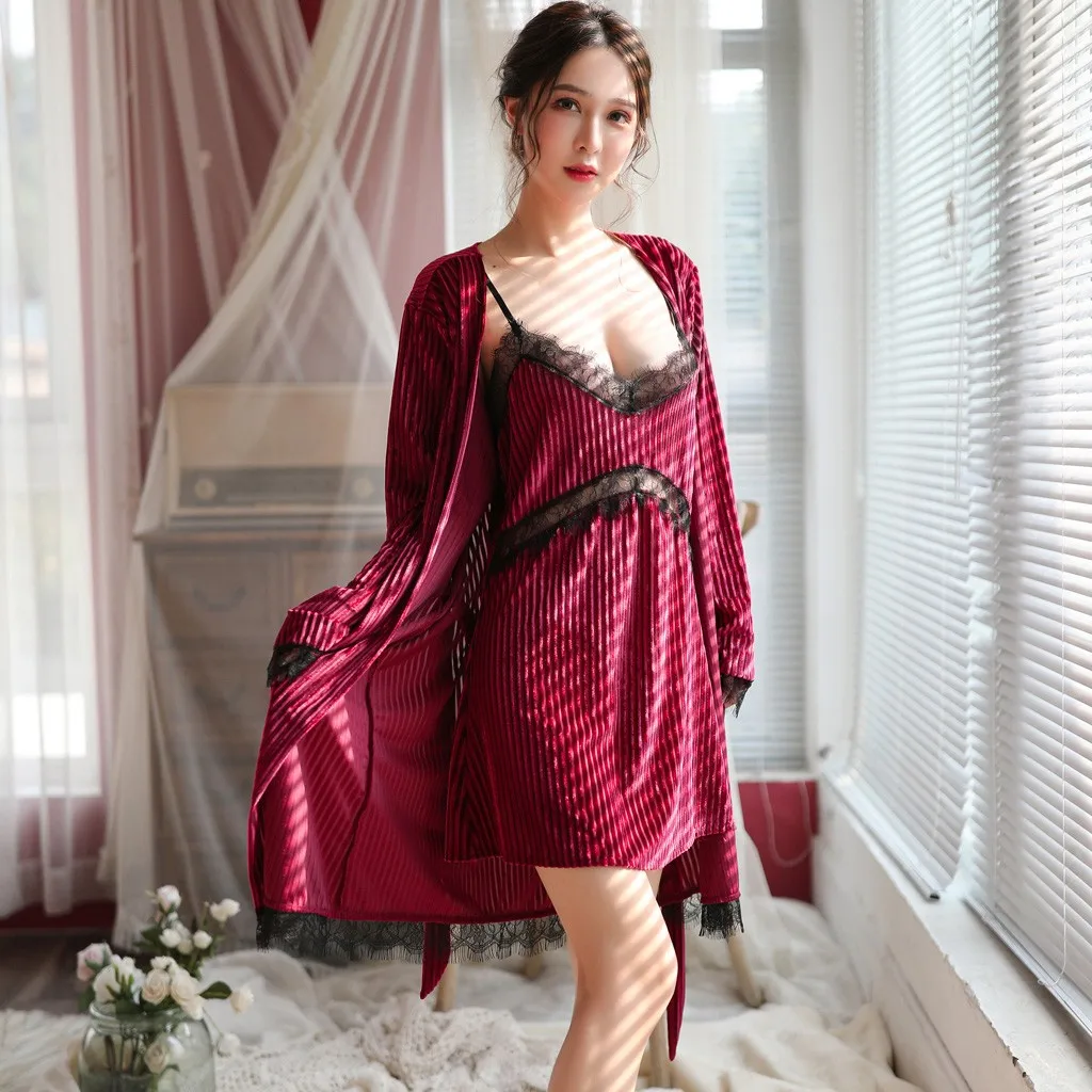 Женская Сексуальная Золотая Бархатная ночная рубашка + халат пижамный комплект