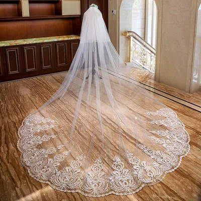 

Romantic Wedding Veil Long Two Layer Cathedral Blusher Lace Appliqued Edge Bridal Veils With Comb Bride Gifts 3 4 5 Meters