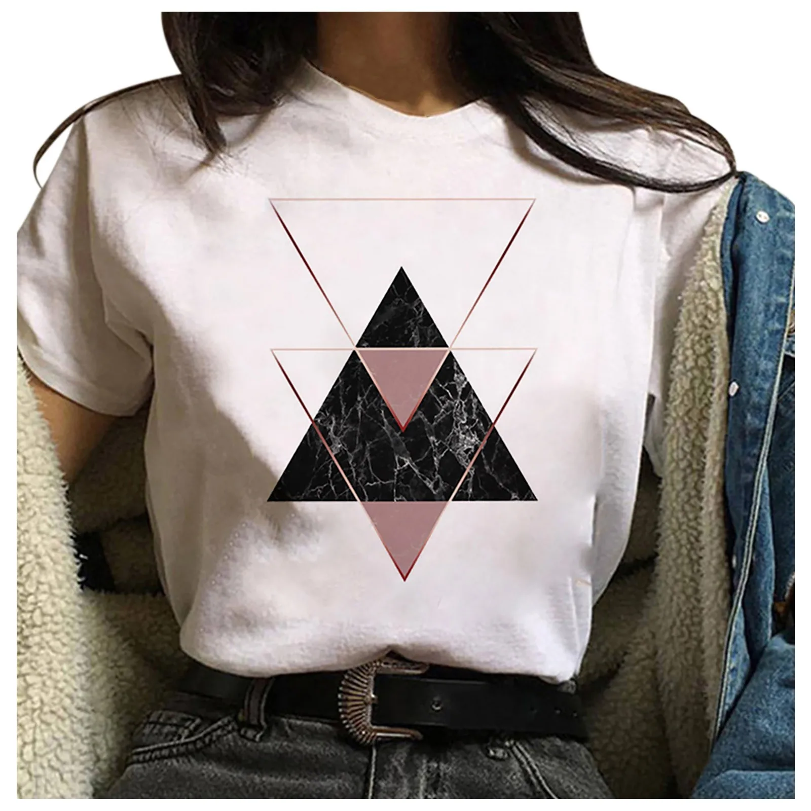 

2021 New Trend T-shirt Women's Fashion Geometric Graphic Print Harajuku Female Round Neck Loose T-shirt Camisetas De Mujer