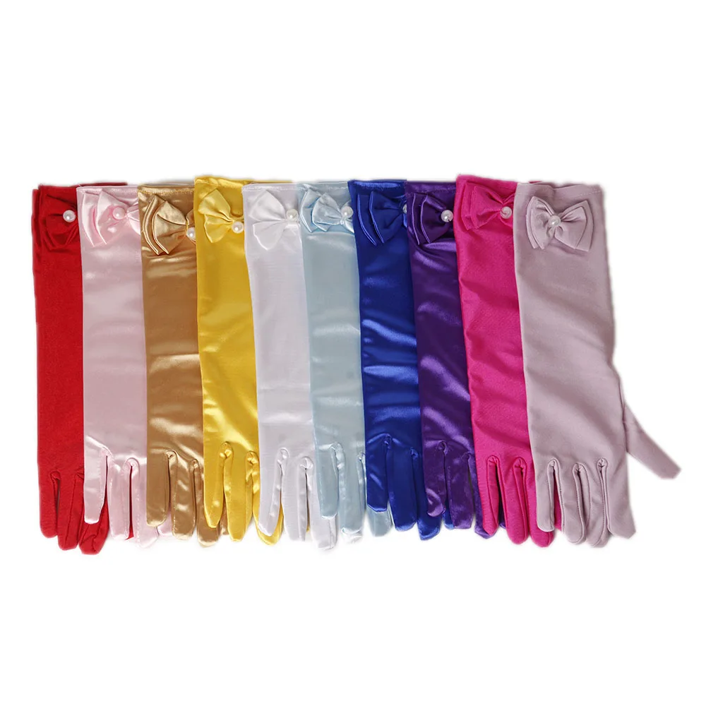 Вечерние перчатки для девочек длинные принцесс с жемчужным бантом атласные в 11