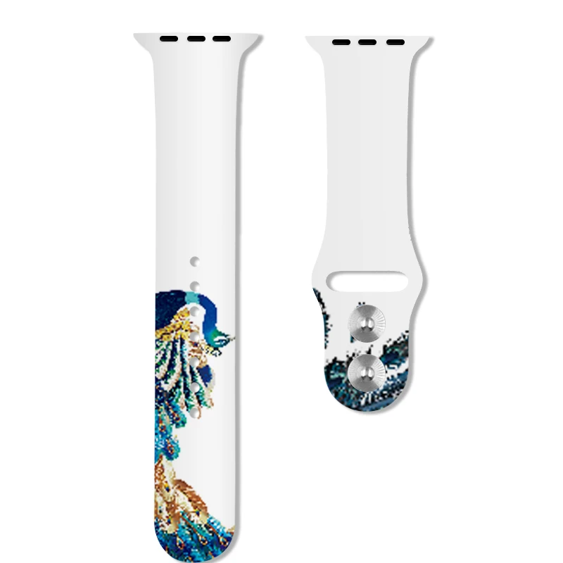 White peacock 40mm 44mm Printing Watch Bands For Apple Watch 4 Rubber Strap Sport Bracelet 42mm 38mm For Iwatch 3 2 1 Accessories - Цвет ремешка: White peacock