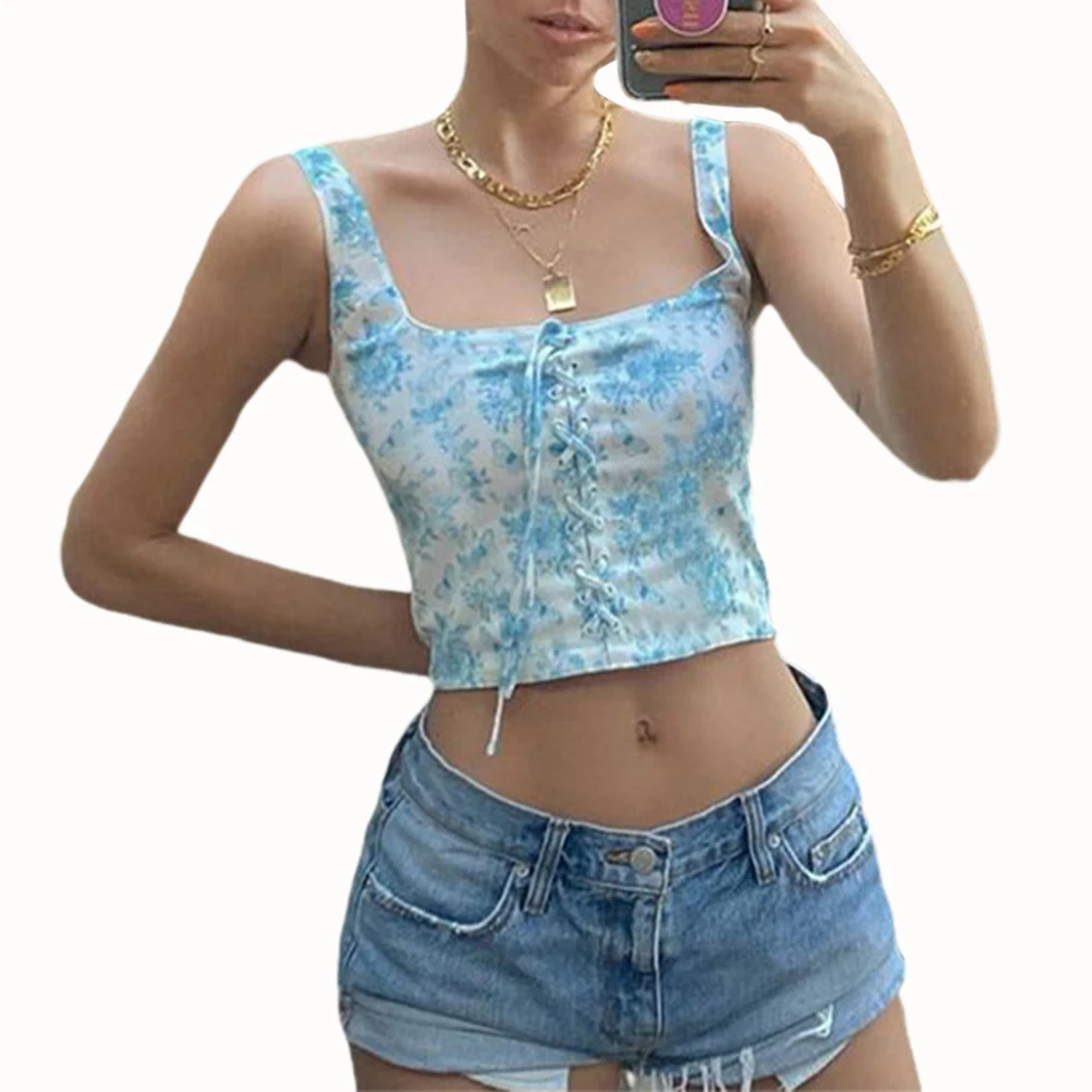 Women Butterfly Tight Tank Top, Lace Up Front Sleeveless Square Neck Tees  Camis Crop Tops - купить по выгодной цене | AliExpress