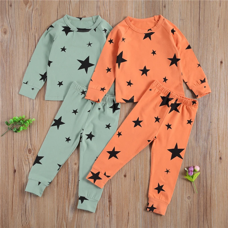 

BY Children's Stars Printed Pajama Set Long Sleeve Round Neck Top with Elastic Long Pants Sleepwear Suit Boys Girls Clothing