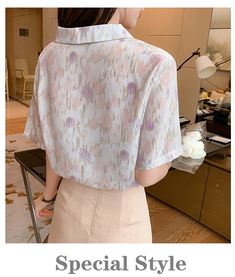 

Houthion Chiffon Slim Women's Blouses Fashion Short Sleeve Top New Casual Blouse Printing Buttons Polo Shirt Summer Lady