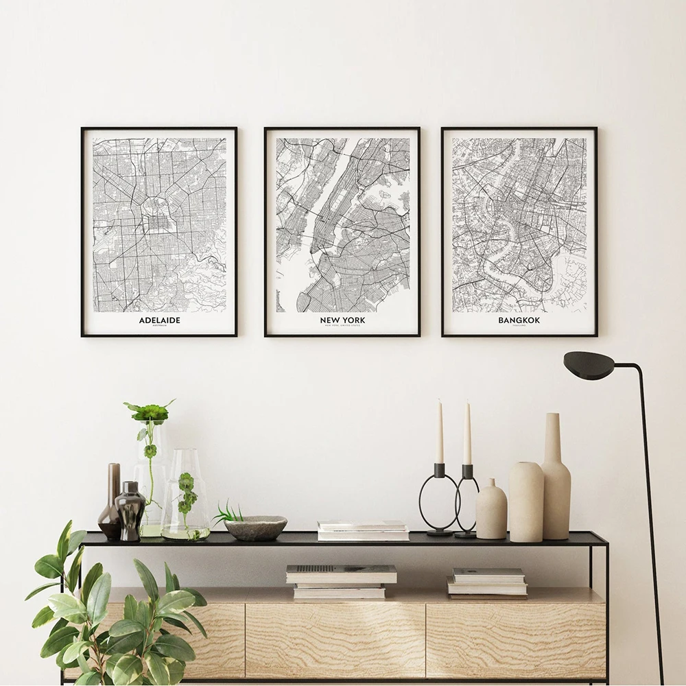 Черный и белый карта городов мира Нью-Йорк Бангкок Париж холст настенная