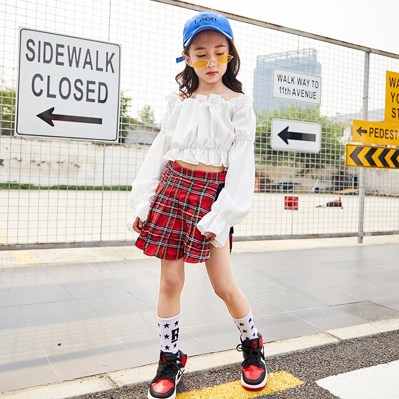 Джазовый костюм для танцев девочек белые топы красная/Пурпурная юбка детская