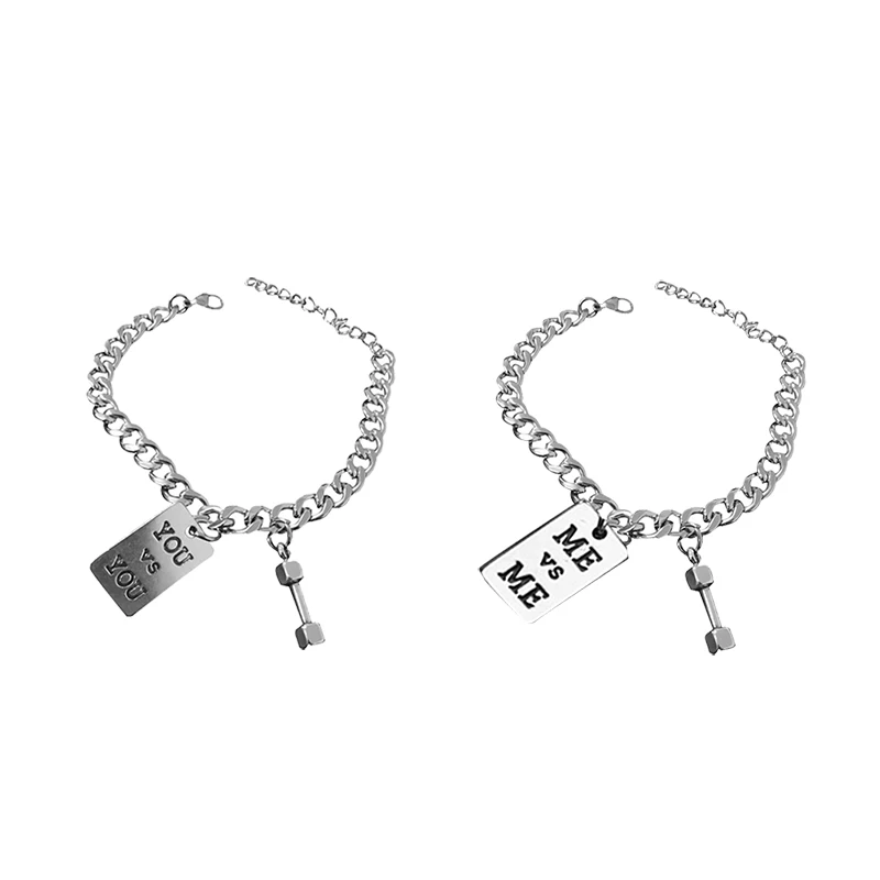 

Silver men's retro bracelet ins sports fitness small dumbbell titanium steel letter tag bracelet couple jewelry new trend