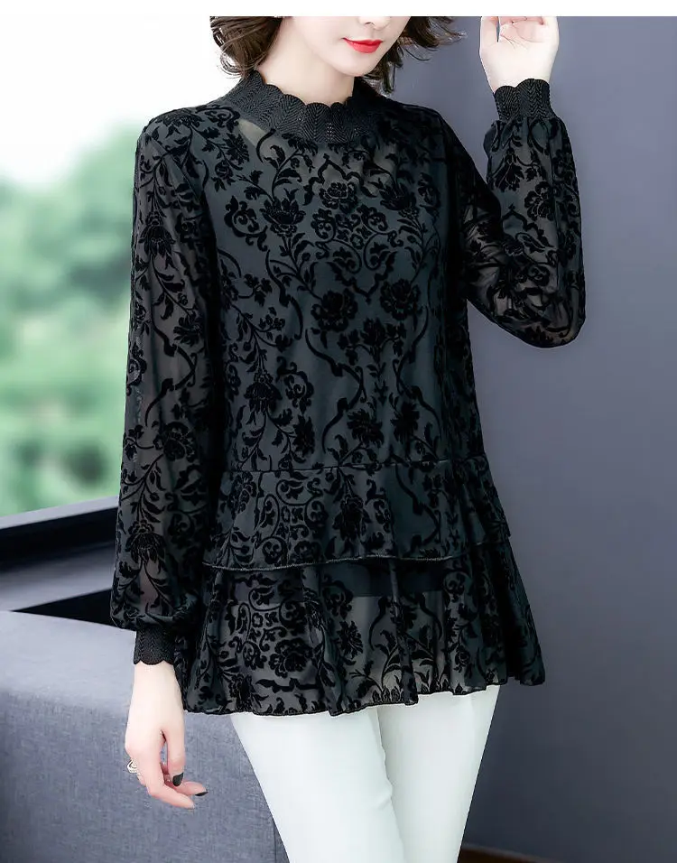

Lace Long-sleeved Ruffled Bottoming Shirt Female Large Size Turtleneck Stitching Solid Color Blouses Pullover Women Spring
