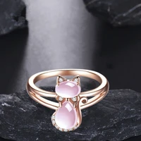 hot sale fashion rose gold pink cat ring lovely temperament lady pink inlaid crystal ring rings for women jewelry whole sale