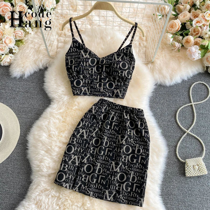 

HangCode Ins Fashion Letters Print Women Dress Suit 2021 New Summer Sexy Tank Tops and Mini Skirts Black Night Club Party Dress