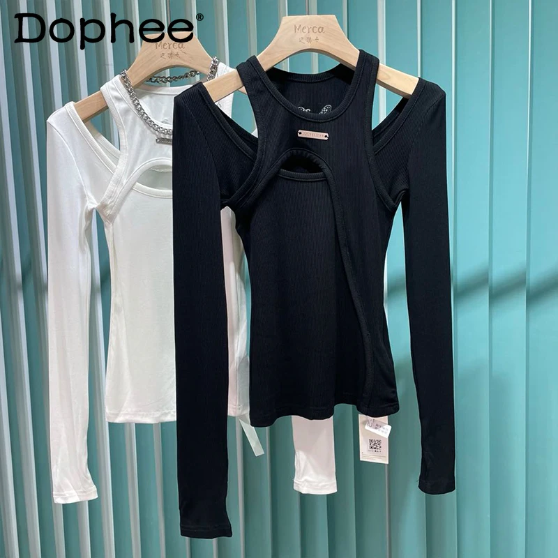 

2021 Autumn Clothes Korean Fashion White Bottoming Shirt Women Embroidered Butterfly Irregular Stretch-Fit T-shirt Girls Y2k Top