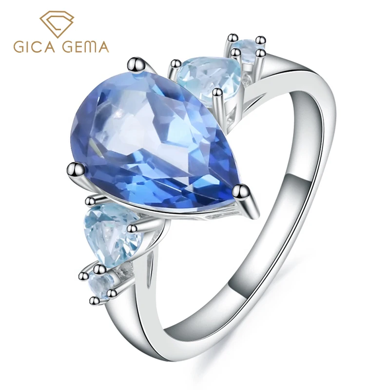 

GICA GEMA 925 Серебряные кольца для женщин натуральный лолит кварцевые топаз синий драгоценный камень Свадебные обручальные ювелирные украшени...