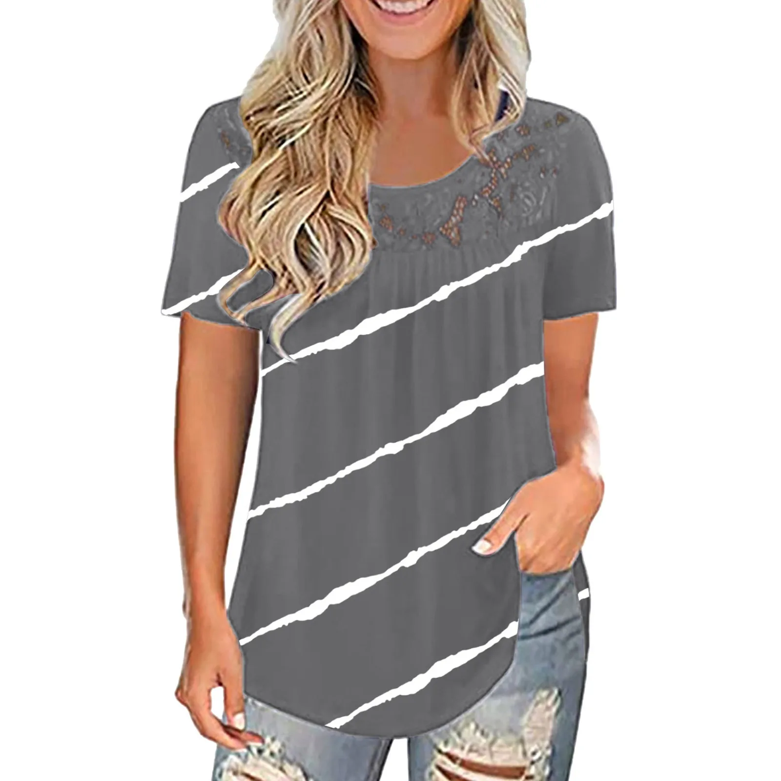 

Summer new style ladies fashion polyester leopard print/stripe stitching short-sleeved round neck leopard print top T-shirt 02*