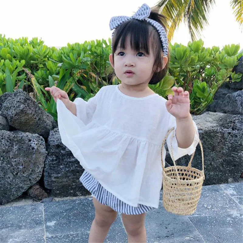 Белое платье с длинными рукавами для маленьких девочек Летняя хлопковая одежда