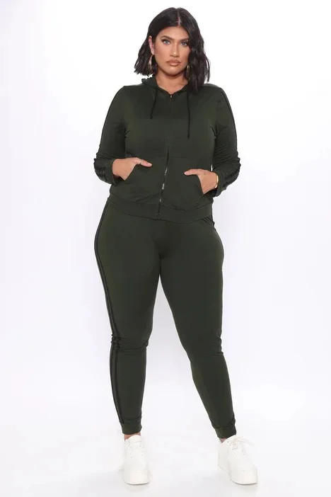 

Long Sleeve Hooded Neck Two Pieces Sets Big Size Lady's Casual Zipper Coats + High Waist Side Striped Sports Pants Tracksuits