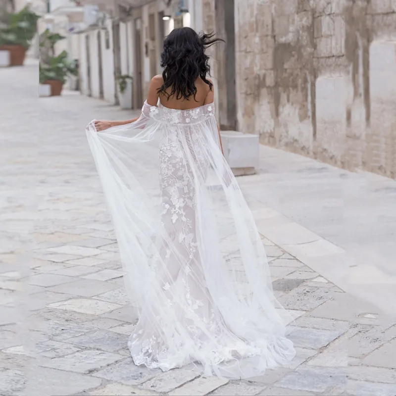 Романтическое свадебное платье-Русалка с запахом Кружевная аппликация