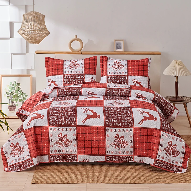 

Christmas Quilt Set Red Black Plaid Bedspread Coverlet Reversible Patchwork Quilt Bedding Red Elk Moose Bells Christmas Quilts