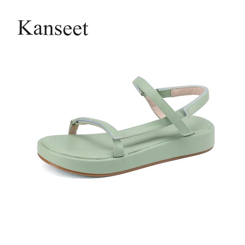 

Kanseet Concise Flats Women Shoes Summer 2021 Open-Toed Narrow Band Handmade Round Toe Flat Comfort Casual Female Sandals Green