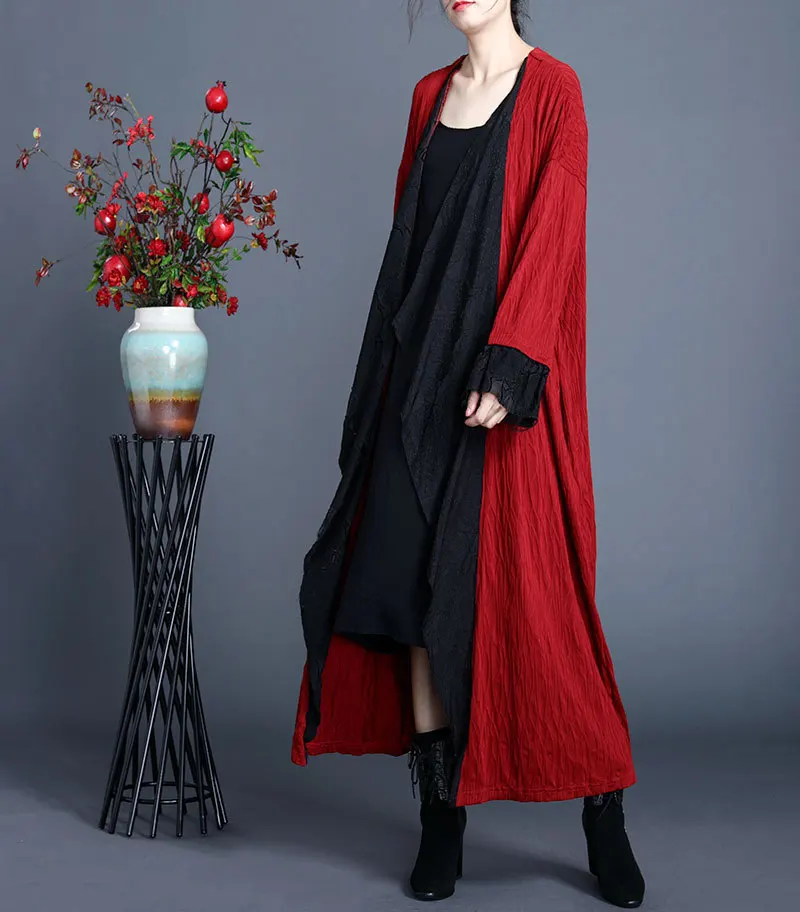 

Women's Casual Long Open Front Drape Autumn trench Top quality ethnic Low Hem Maxi Long Sleeve overcoats D557