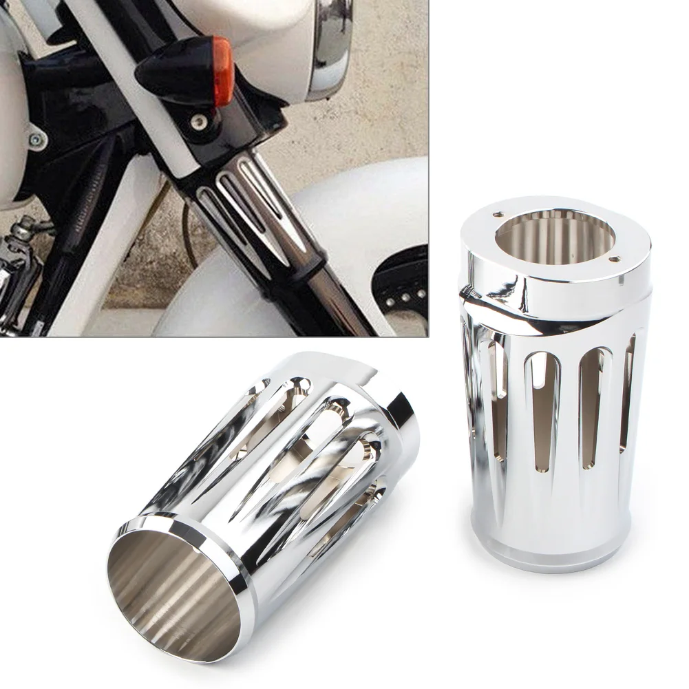 

2Pcs Motorbike Fork Boot Slider Cover Cow Bell for Harley Touring Glide Trike 1986-2013 Chrome Aluminum Alloy