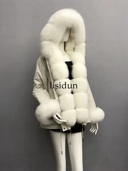 Слоновая кость LISIDUN настоящая меховая Парка женская зимняя куртка натуральный Серебряный лисий мех пальто с капюшоном настоящая подкладка из кроличьего меха куртка женская шуба - Цвет: Слоновая кость
